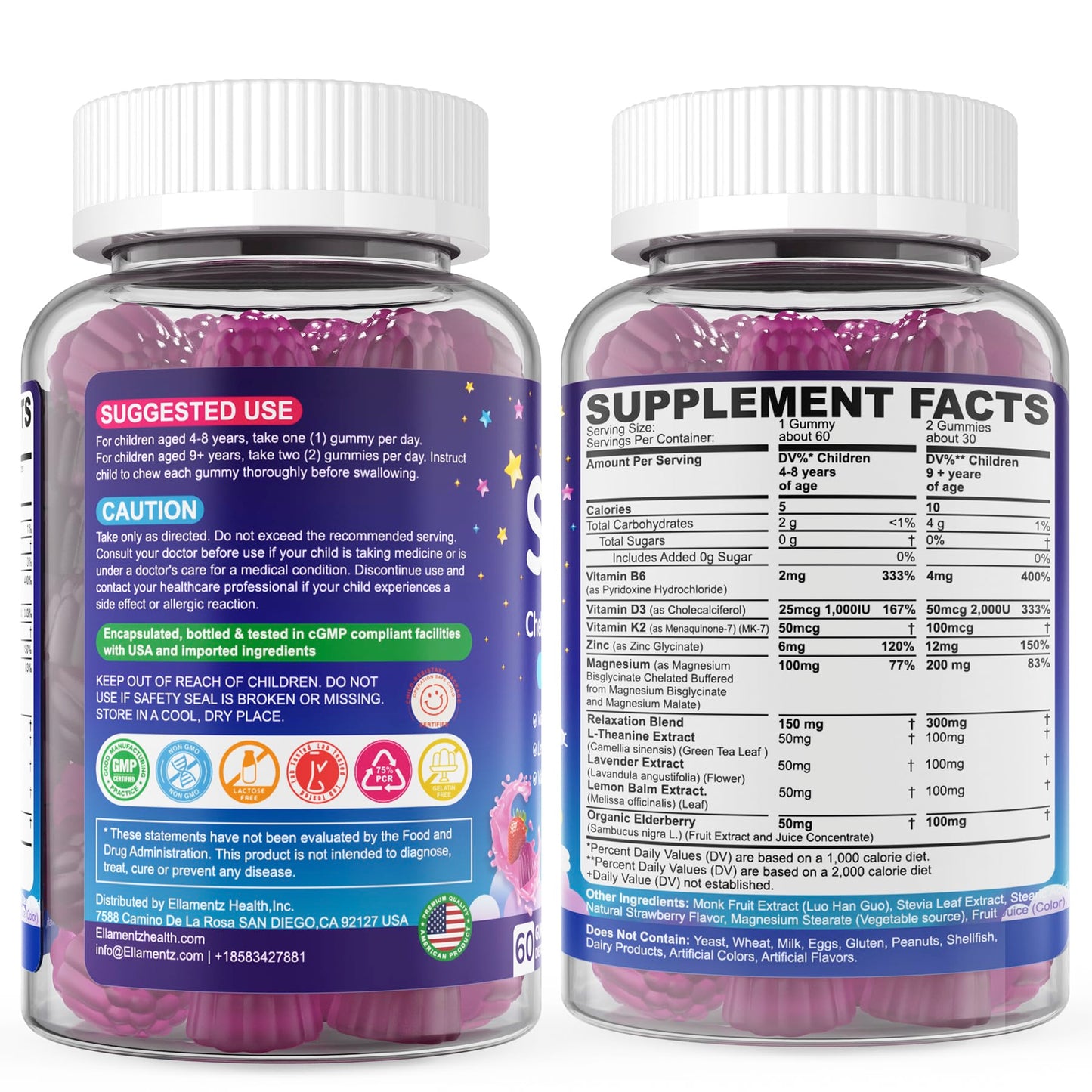 Kids Sleep Gummies, NO Melatonin Sleep Aid Gummies w/ Magnesium Glycinate, Magnesium Malate, L-Theanine, Lavender, B6, Zinc, D3K2 for Restful Sleep, Relax Brain & Muscle, Immune Support, Non-GMO 1Pack ELLAMENTZBuy Supplements Australia