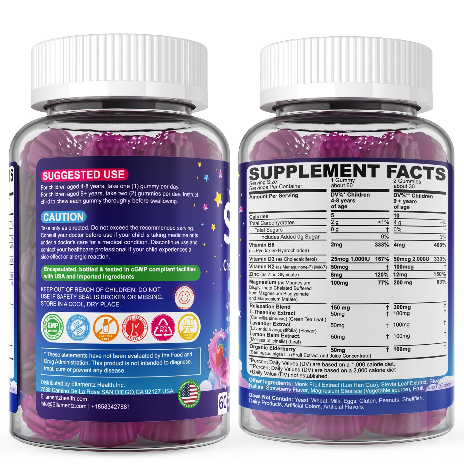 Kids Sleep Gummies, NO Melatonin Sleep Aid Gummies w/ Magnesium Glycinate, Magnesium Malate, L-Theanine, Lavender, B6, Zinc, D3K2 for Restful Sleep, Relax Brain & Muscle, Immune Support, Non-GMO 1Pack ELLAMENTZBuy Supplements Australia