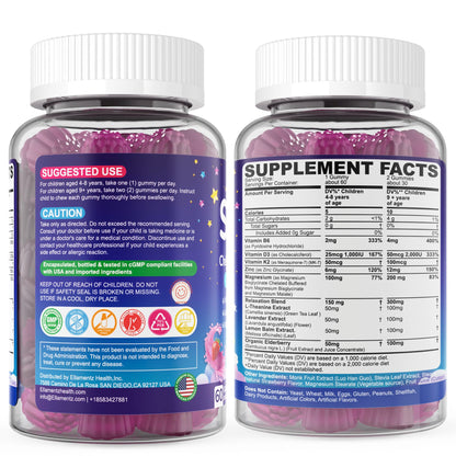 Kids Sleep Gummies, NO Melatonin Sleep Aid Gummies w/ Magnesium Glycinate, Magnesium Malate, L-Theanine, Lavender, B6, Zinc, D3K2 for Restful Sleep, Relax Brain & Muscle, Immune Support, Non-GMO 1Pack ELLAMENTZBuy Supplements Australia