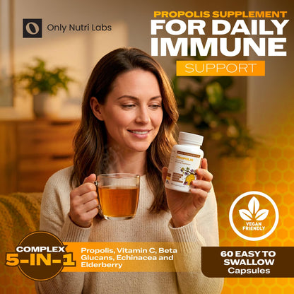 Only Nutri Labs Bee Propolis Dietary Supplement, with Elderberry, Echinacea, Vitamin C and Beta Glucans - Daily Wellness Capsules for Adults (60 Count) Only Nutri LabsBuy Supplements Australia