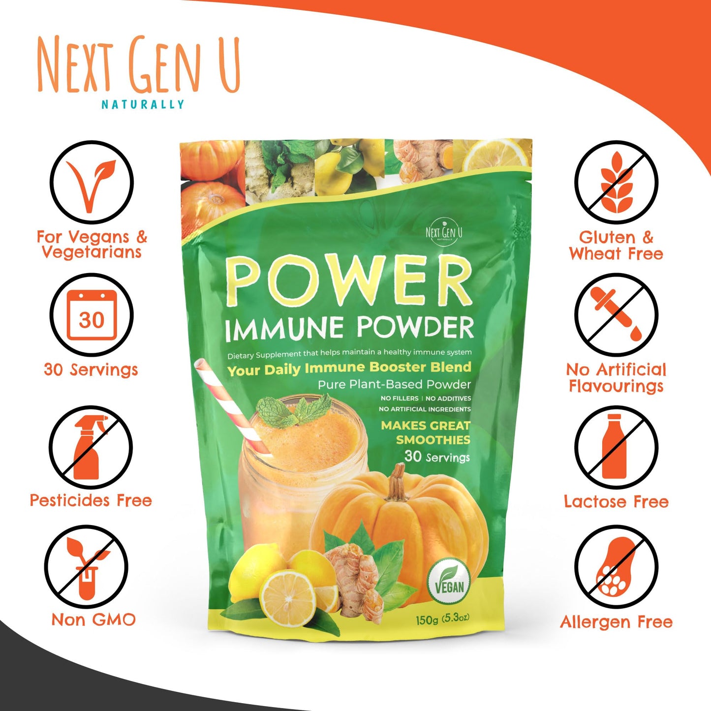 Immune Support - Supplement Powder 150g - Superfood Booster for Adults - Natural Immunity Defense - Daily Drink Mix for Women & Men - Plant Based, Vegan & Gluten Free Smoothie Boost by NextGenU NGU Next Gen UBuy Supplements Australia