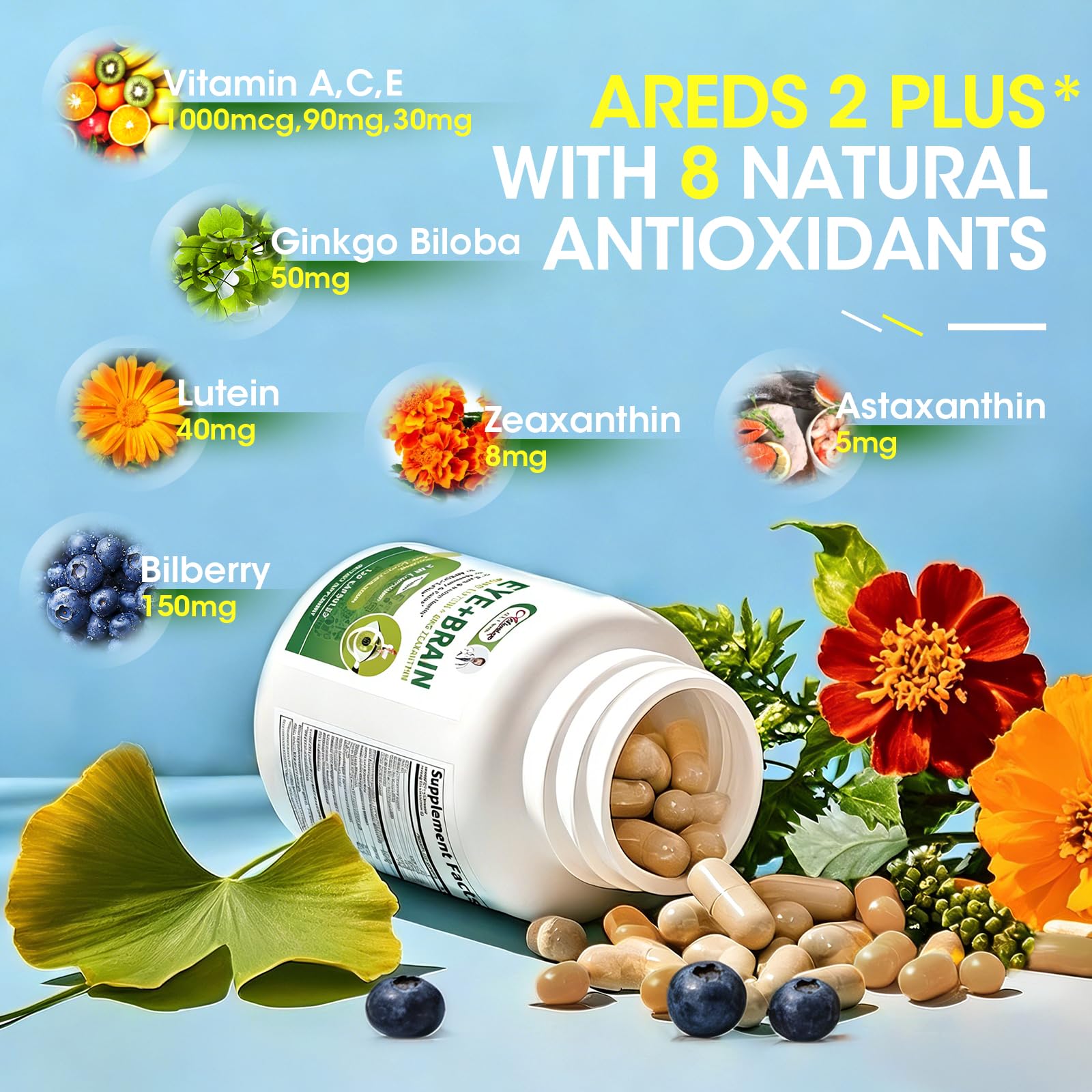 Eye + Brain Supplements for Memory and Focus, Lutein 40mg, Zeaxanthin, Astaxanthin, Bilberry, Lion’s Mane, Bacopa Monnieri, Ginkgo Biloba, 14 in 1 Eye Vitamins for Adults & Seniors 120 Capsules AlliwiseBuy Supplements Australia