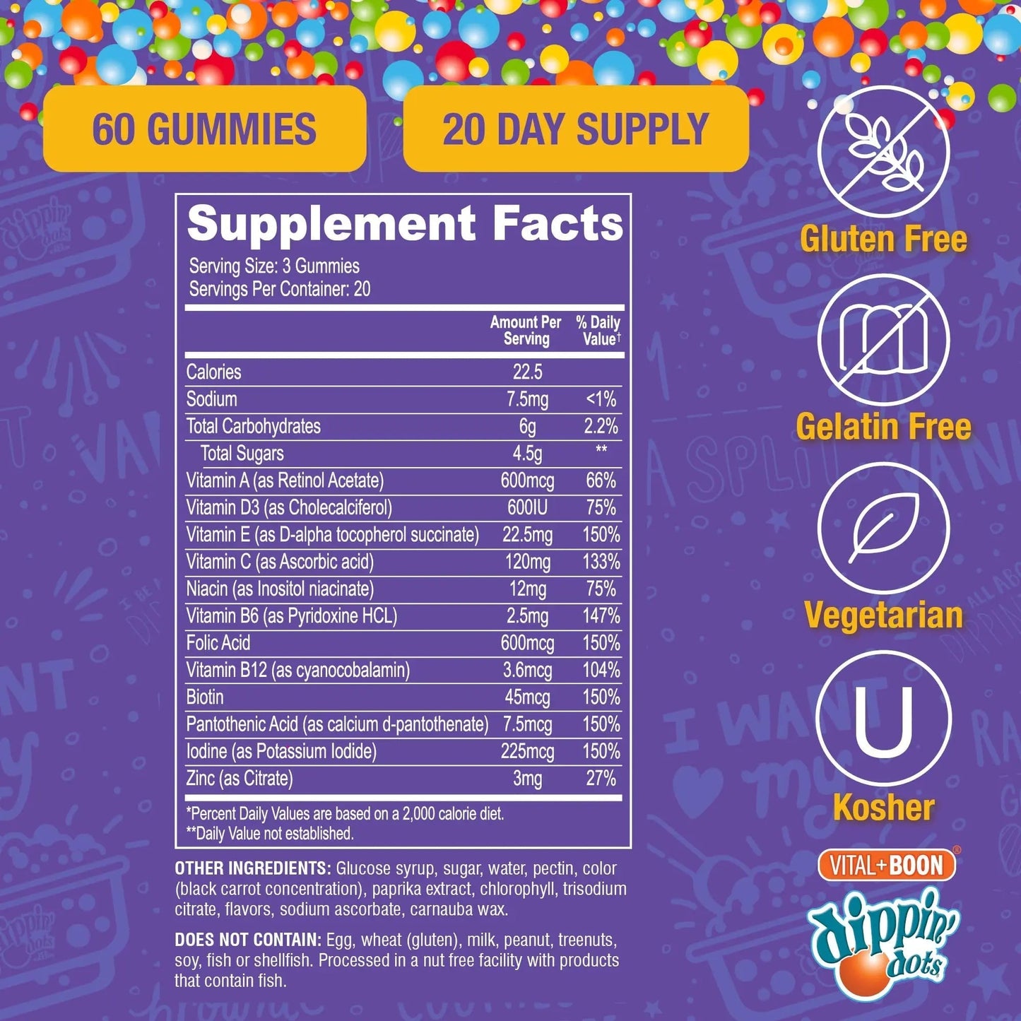 Vital+Boon Dippin' Dots - Multivitamin Gummies for Adults - Gummy Vitamins with Vitamin A, B6, C, D3, E & Folic Acid - Vegetarian Vital+Boon
