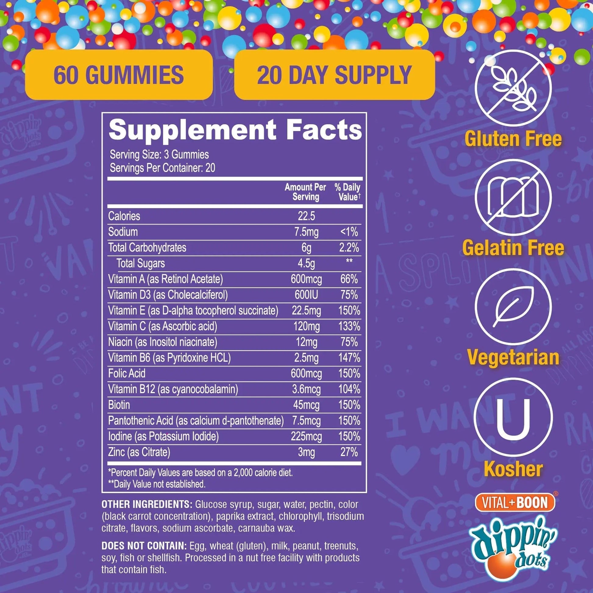 Vital+Boon Dippin' Dots - Multivitamin Gummies for Adults - Gummy Vitamins with Vitamin A, B6, C, D3, E & Folic Acid - Vegetarian Vital+Boon
