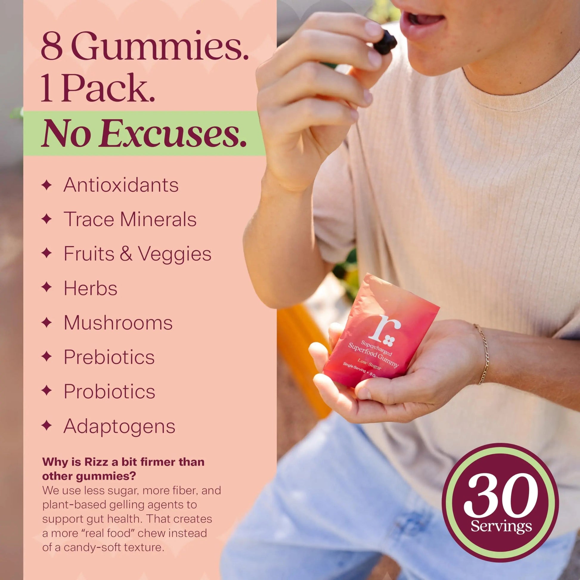 Rizz Low Sugar Green Gummies - 60+ Superfoods 6g Fiber - Prebiotic and Probiotic Gummies - Vegan Multivitamins for Women & Men RizzBuy Supplements Australia