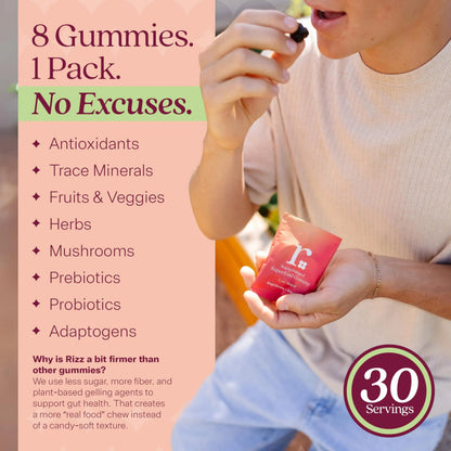 Rizz Low Sugar Green Gummies - 60+ Superfoods 6g Fiber - Prebiotic and Probiotic Gummies - Vegan Multivitamins for Women & Men RizzBuy Supplements Australia
