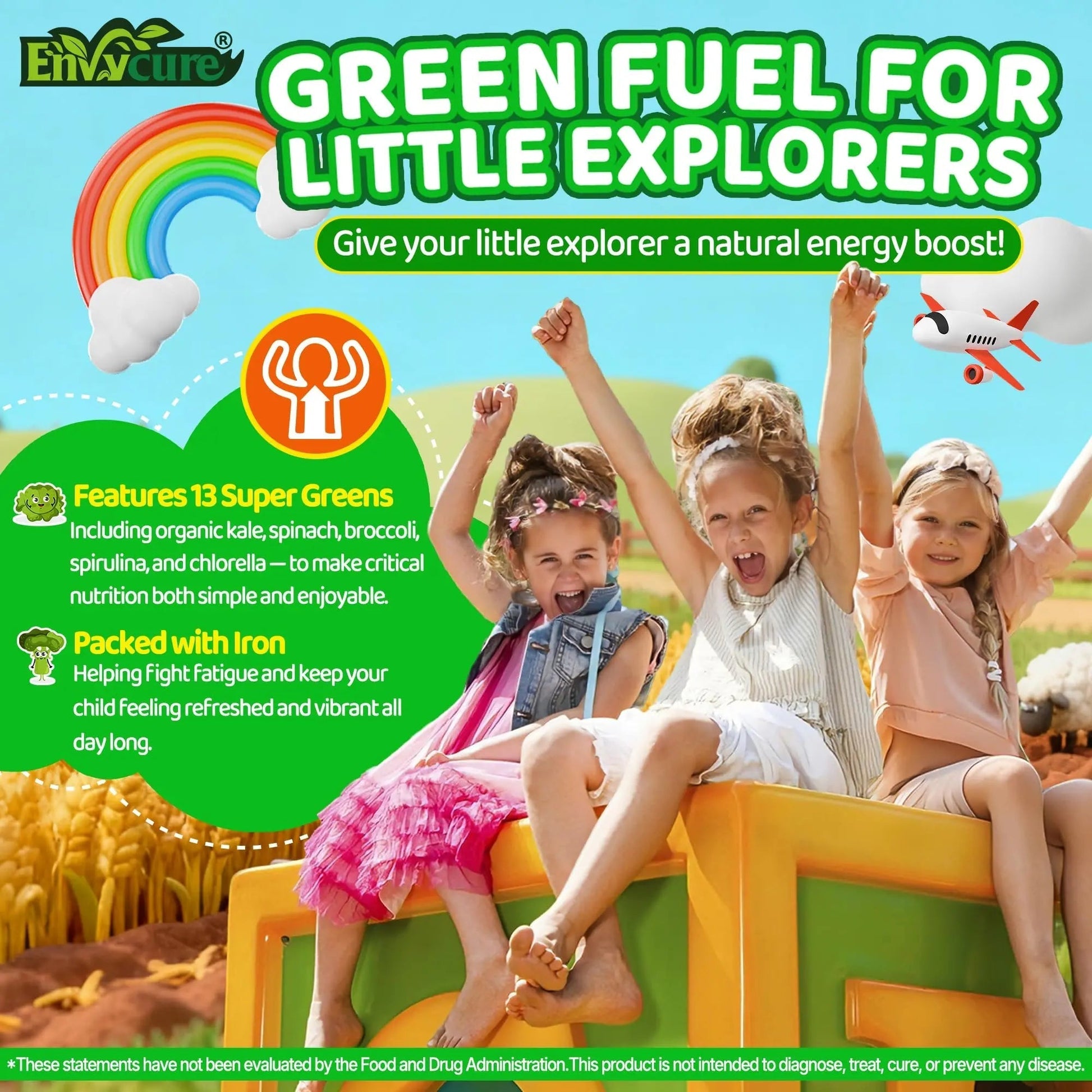 Kids Super Greens Gummies, w/Multivitamins, Spirulina, Chlorella, Spinach, Broccoli, Calcium, Omega-3 (DHA/EPA) EnvyCure