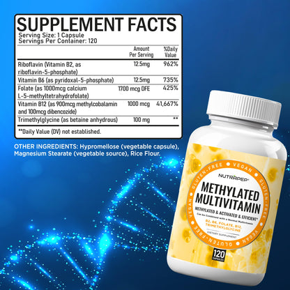 NutraPep Methylated Multivitamin for Men Women - 5-MTHF Riboflavin Vitamin B2 B6 B12 B Complex Trimethylglycine Methyl Folate L Methylfolate Capsules Supplement NutraPepBuy Supplements Australia