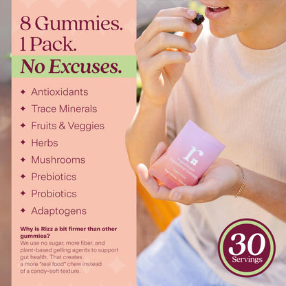 Rizz Sugar-Free Green Gummies - 60+ Superfoods 6g Fiber - Prebiotic and Probiotic Gummies - Vegan Multivitamins for Women & Men Rizz