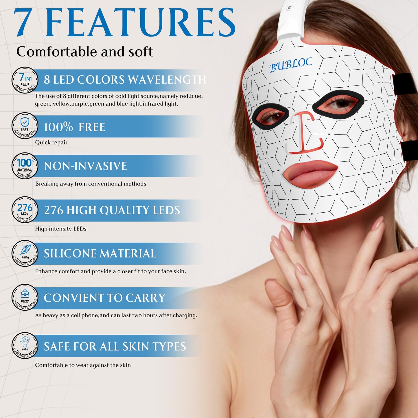BUBLOC Red Light Therapy Mask, Led Contour Face Mask Light Therapy, 7 Color Red Light Face Mask BUBLOCBuy Supplements Australia