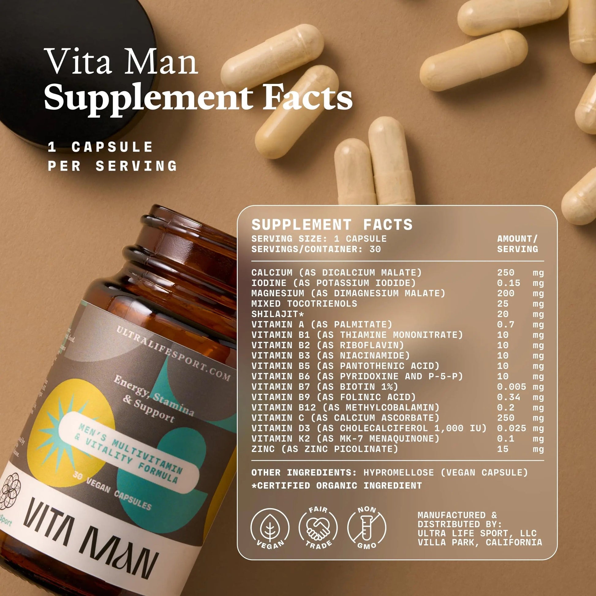 Ultra Life Sport - VITA Man Premium Men's Multivitamin - 30 Capsule Daily Vitamins for Men with Vitamin E, K2 MK-7, and B Vitamins for Maximum Absorption Ultra Life SportBuy Supplements Australia