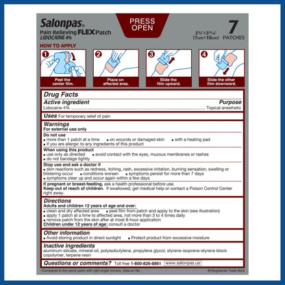 Salonpas Maximum OTC Strength Lidocaine 4% Pain Relieving Flex Patch, Apply for Up to 8 Hours, Unscented, Thin, Flexible, Lightweight, Patch Stays in Place, 7 Patches SalonpasBuy Supplements Australia