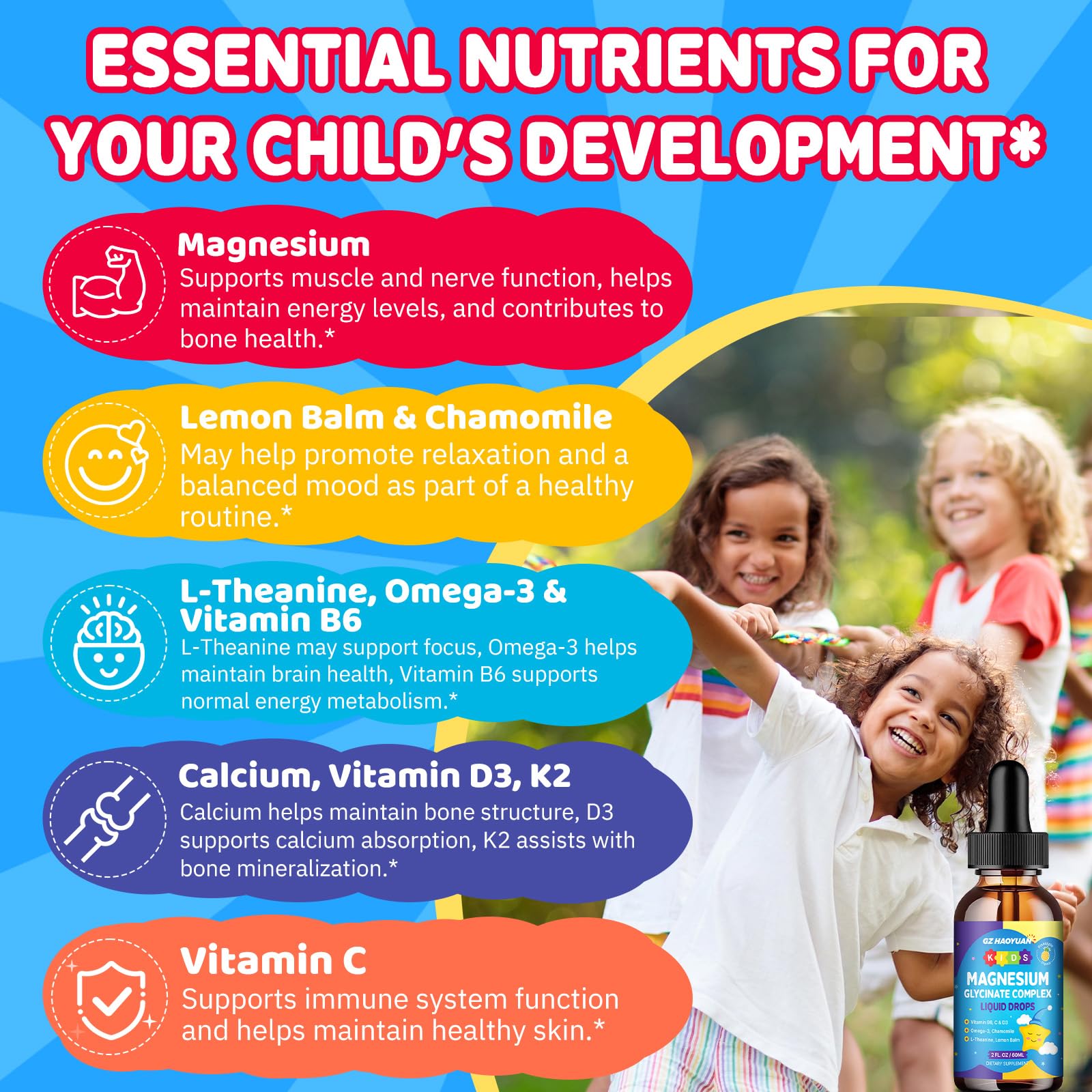 Kids Magnesium Glycinate Liquid Drops‌ – with L-Theanine, Omega-3, Vitamins B6 & D3, Zinc & Calcium – for Sleep Support, Relaxation, Focus & Brain, Bones – Strawberry Flavor, 2 Fl Oz GZ HAOYUANBuy Supplements Australia