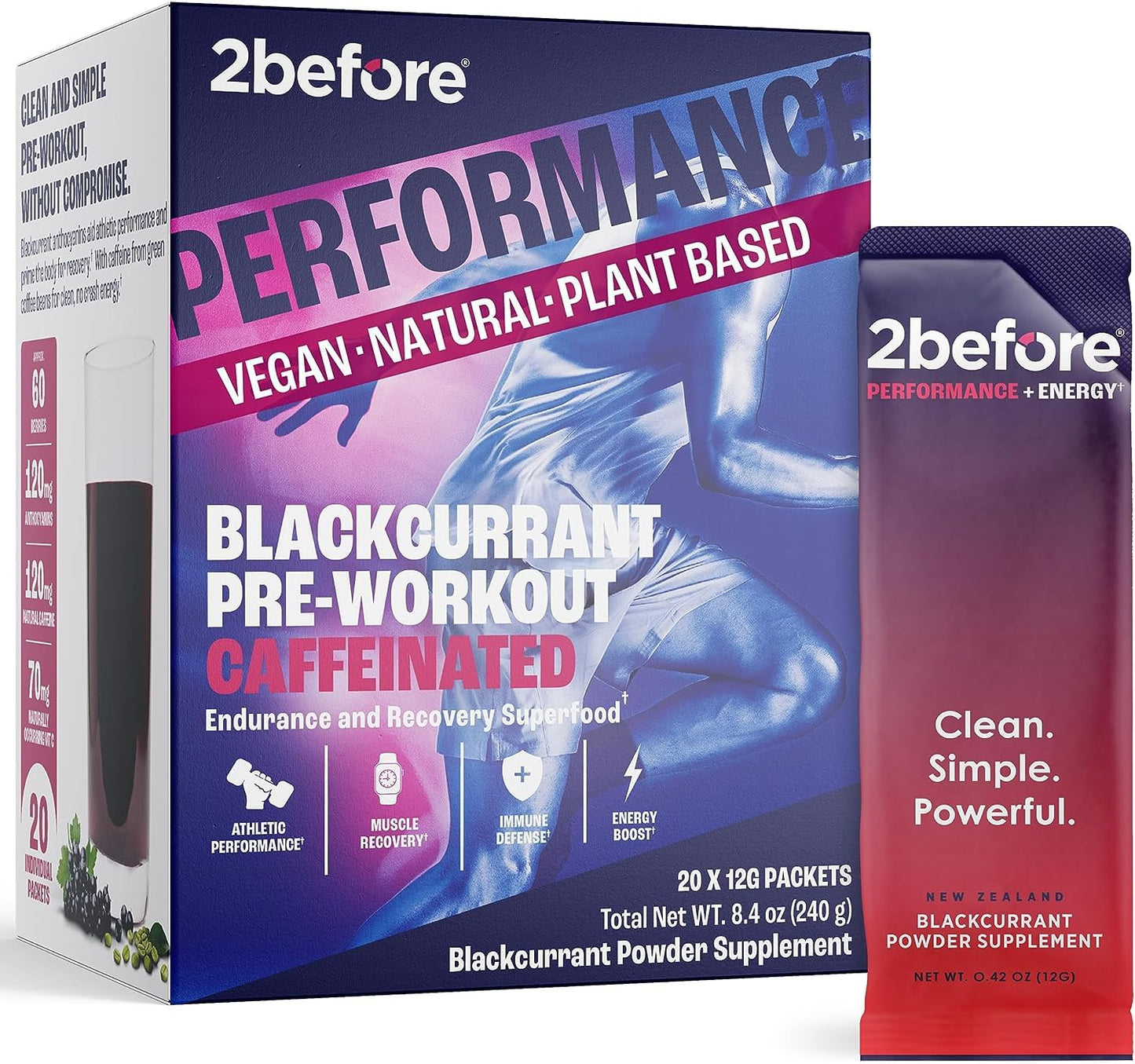 2before All Natural Vegan Pre Workout, with 120mg Caffeine I Clean Energy, Endurance