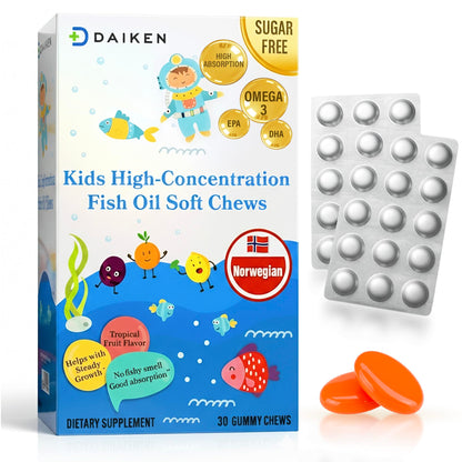DAIKEN High Concentration Kids Fish Oil Omega-3 Gummies, No Sugar Added, Individually Wrapped, 300 mg Omega-3 (DHA & EPA) with Vitamin D3 for Kid, 30 Count, Tropical Fruit Flavor, Norwegian Sourced DAIKENBuy Supplements Australia