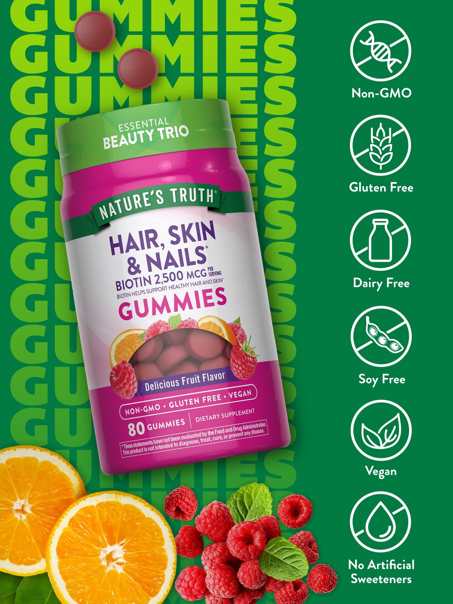 Nature's Truth Hair Skin and Nails Gummies | 80 Count | 2500mcg of Biotin | Vegan, Non-GMO, Gluten Free Supplement