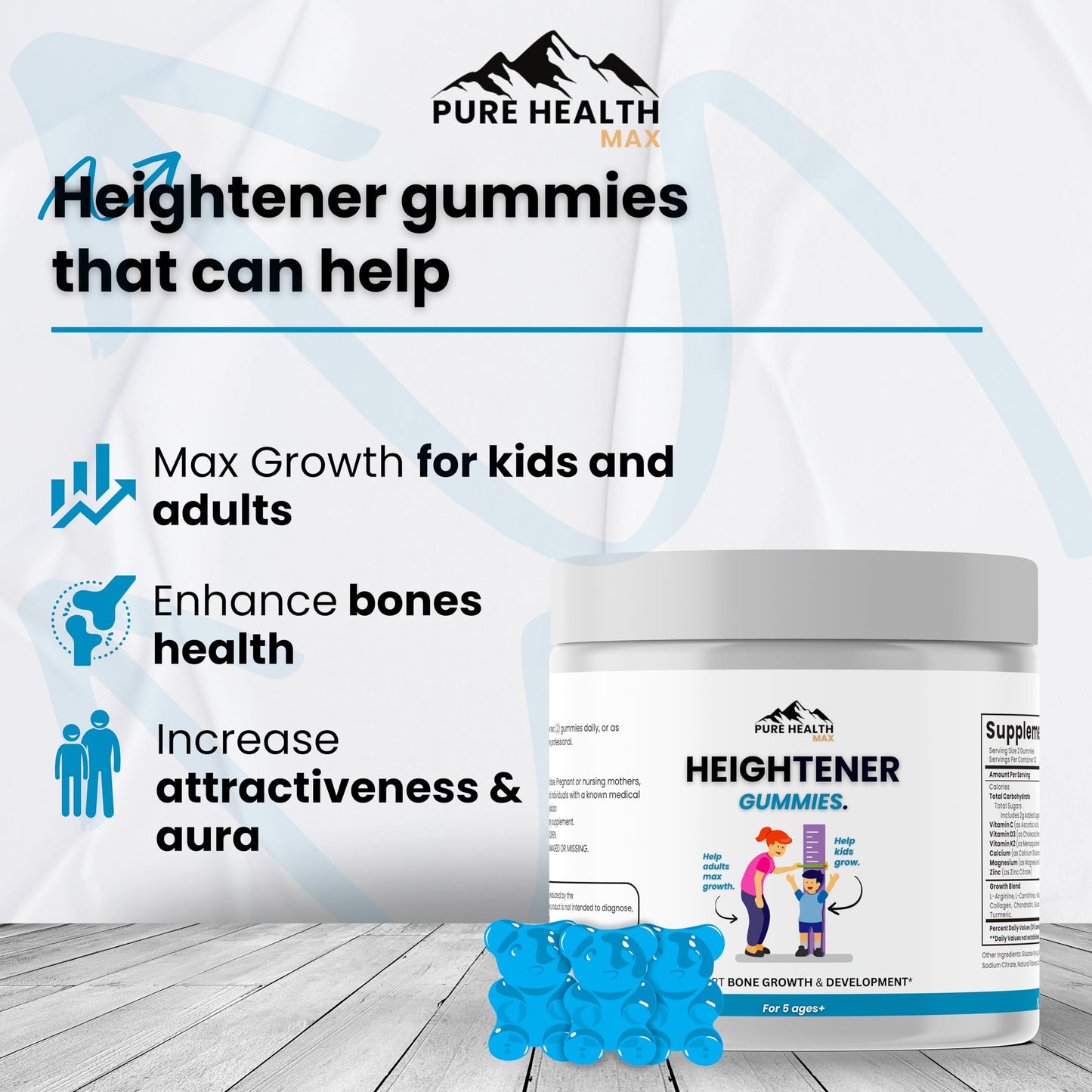 Heightener Gummies - Natural Height Growth Supplement for Kids, Teens and Adults to Increase Bone Strength and Grow Tall | Height Maximizer Pills with L-Arginine, Calcium & Zinc | 60 Gummy PURE HEALTH MAXBuy Supplements Australia