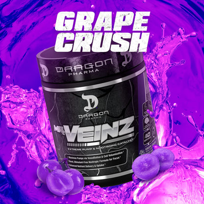 DRAGON PHARMA Mr. Veinz Stim Free Pre-Workout, Extreme Pump & Nootropic Catalyst, Maximize Pumps via Vasodilation & Cell Volumization, Stimulant-Free Formula for Focus (40 Servings, Grape Crush)