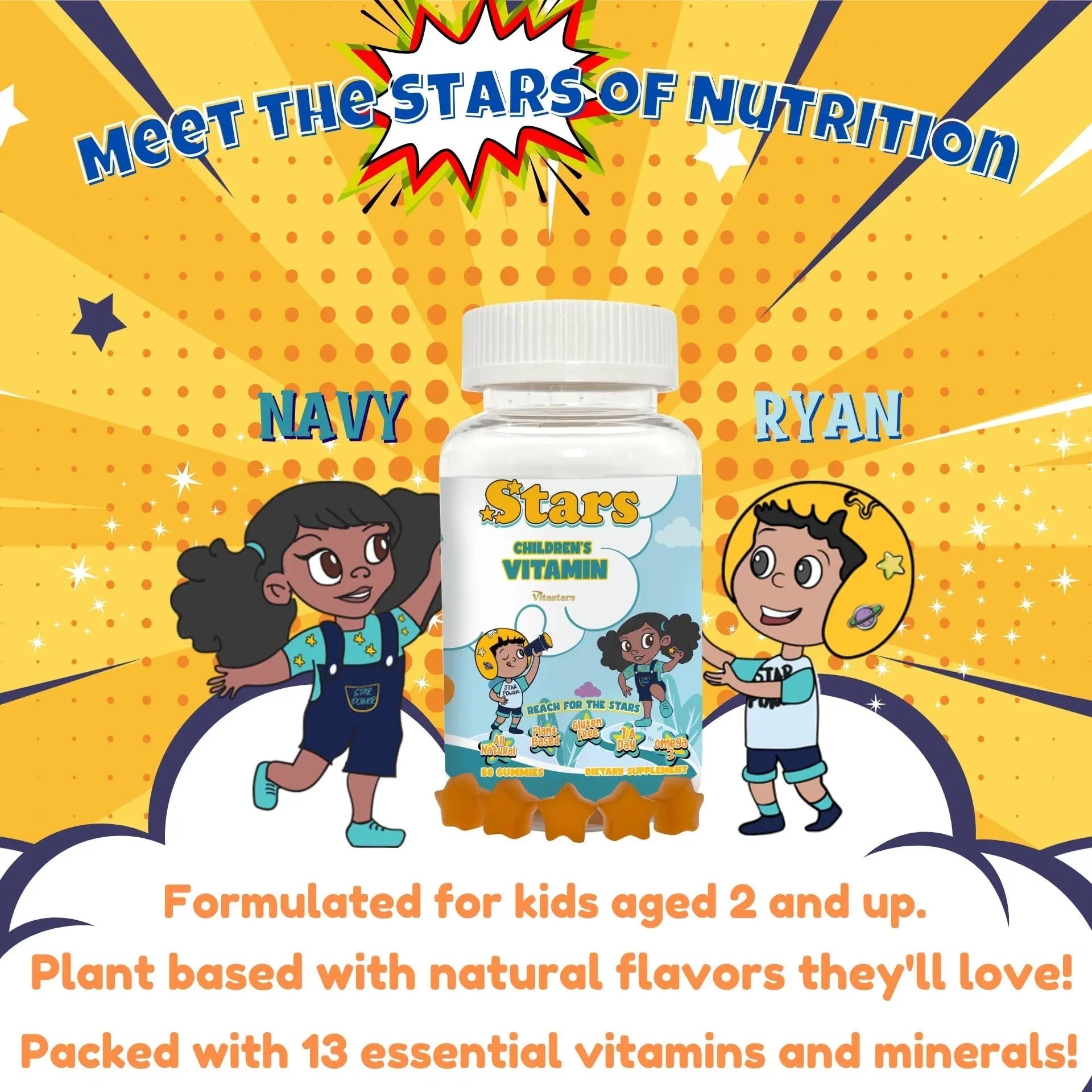 Stars Kids Multivitamin Gummies with Omega 3, Vitamins for Kids with A, B, C, D, Plant Based Multi Vitamins for Children, Manganese Vitastars