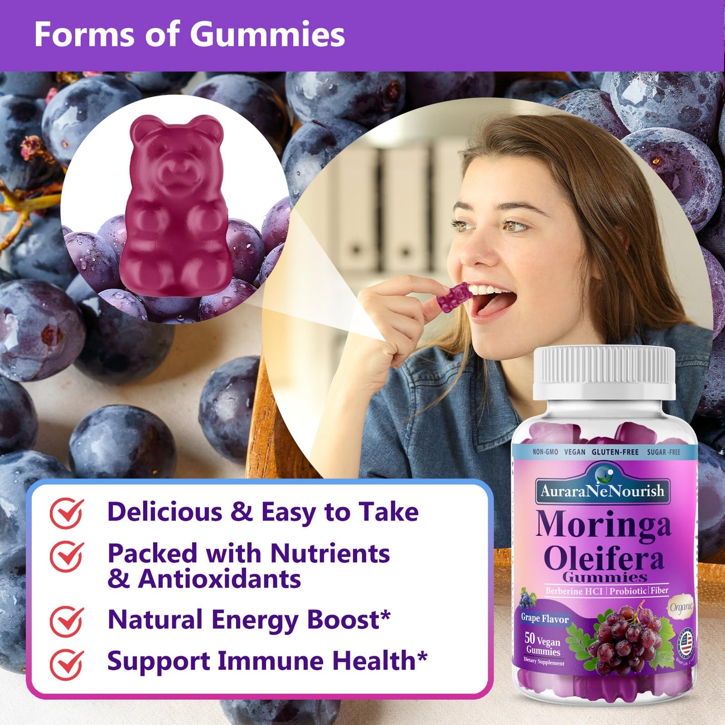 AuraraNeNourish Organic Moringa Oleifera Gummies for Women & Men, 8-in-1 Superfood Blend w. Berberine HCl & Moringa Leaf Extract for GLP-1 Support & Energy Immune Joint & Gut Health Sugar-Free AuraraNeNourishBuy Supplements Australia