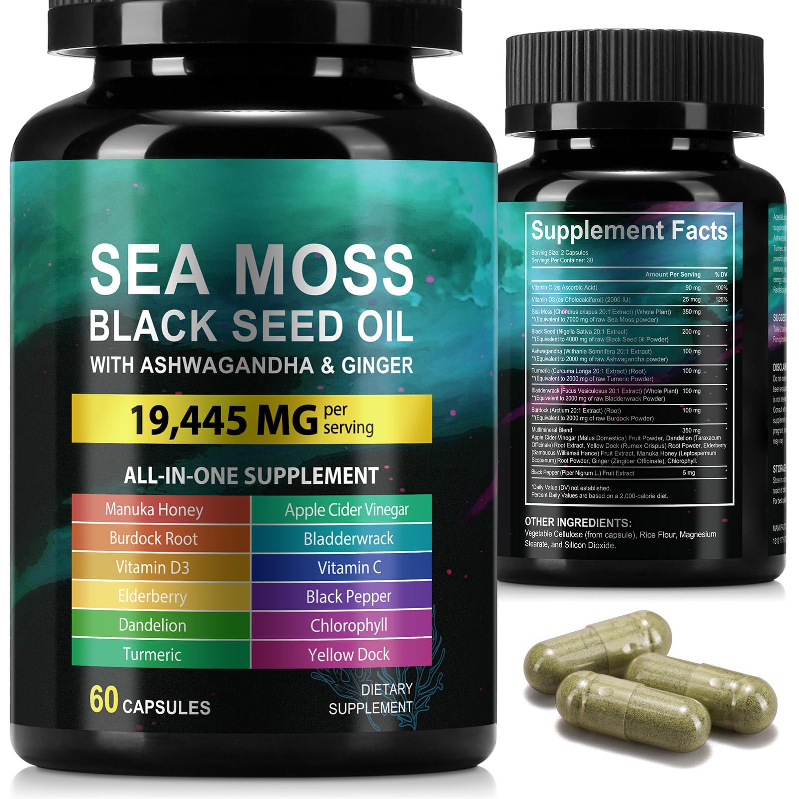 Sea Moss Black Seed Oil Ashwagandha Ginger Capsules, Seamoss Capsules Supplement with Bladderwrack Burdock & Vitamin C Vitamin D3 for Women & Men-Enhanced Immunity,60 Counts VceeoyBuy Supplements Australia