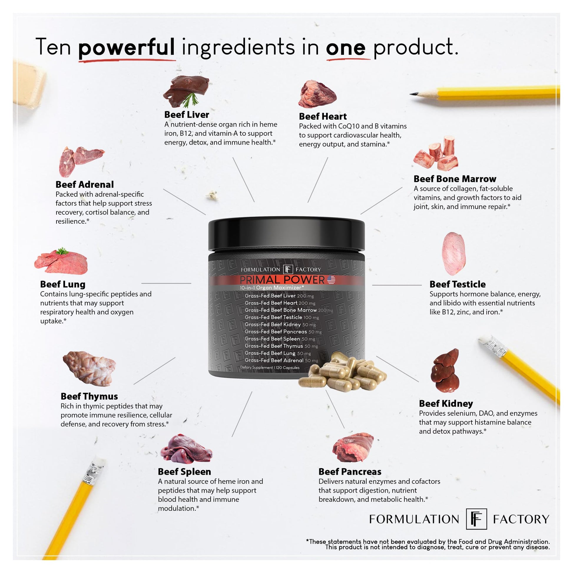 Formulation Factory Beef Liver Capsules - 10-in-1 Primal Powder Beef Organ Supplement for Men & Women with Bone Marrow & Beef Testicle - Grass Fed Ancestral Health - 120 Capsules, 2 Month Supply Formulation FactoryBuy Supplements Australia