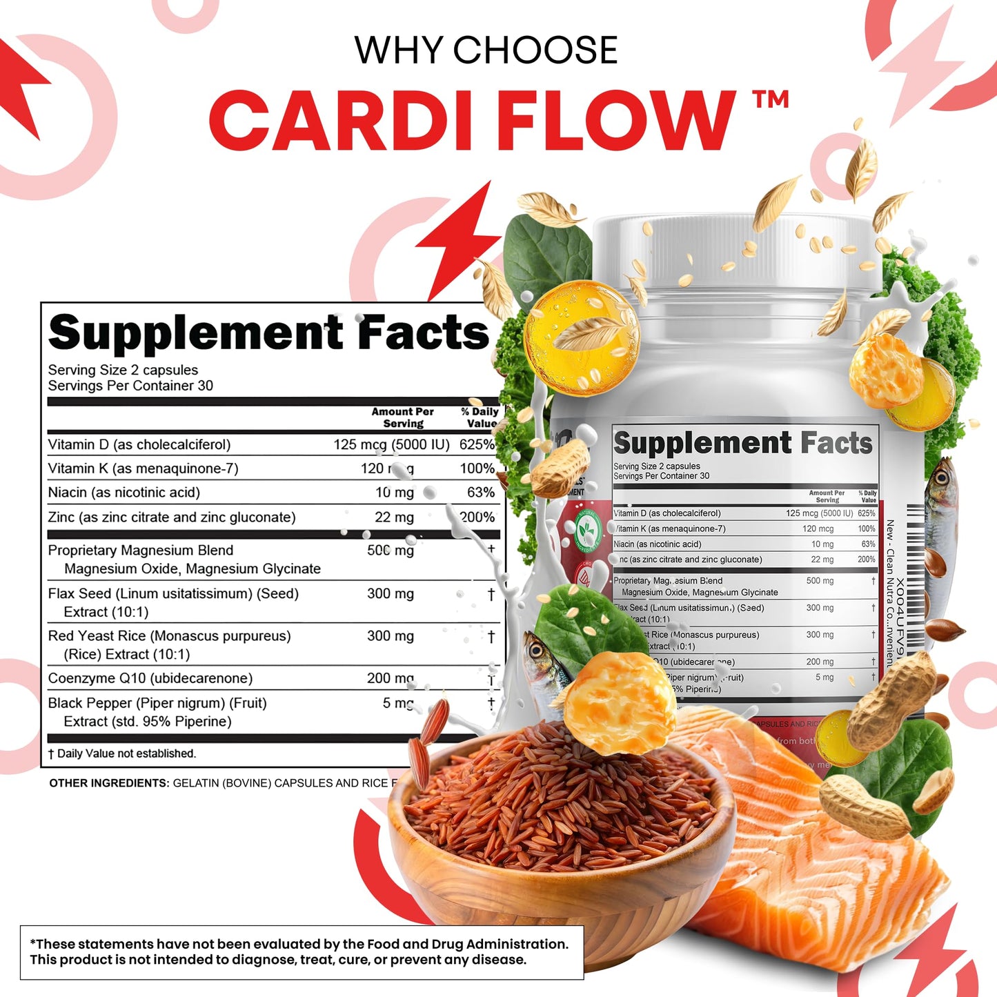 Clean Nutra CoQ10 Red Yeast Rice Magnesium Glycinate Vitamin K2 D3 Niacin Zinc Flax Seed Omega 3 Capsules 60 Count All in One Formula Premium Ingredients Dietary Supplement Clean NutraceuticalsBuy Supplements Australia