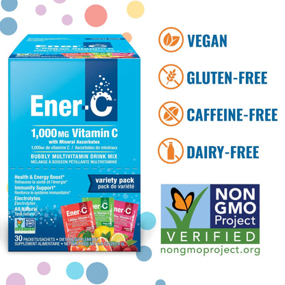 Ener-C Variety Pack Multivitamin Drink Mix Powder Vitamin C 1000mg & Electrolytes with Real Fruit Juice Natural Energy & Immune Support for Women & Men Ener-C