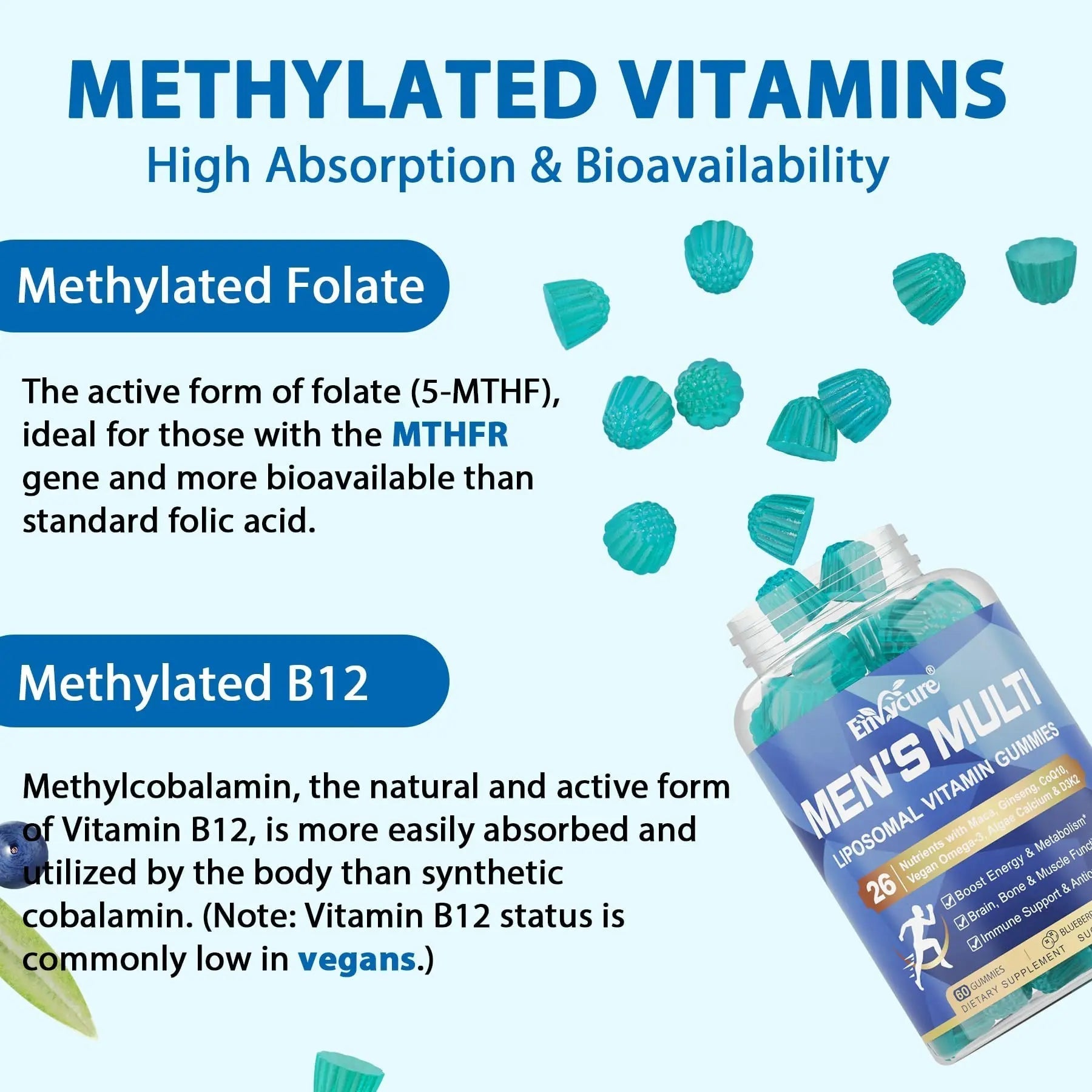 Methylated Multivitamin for Men Gummies, Vegan Omega 3, CoQ10, Zinc, Vitamin A C D3 K2 E B Complex, Calcium, Magnesium, Lycopene EnvyCureBuy Supplements Australia