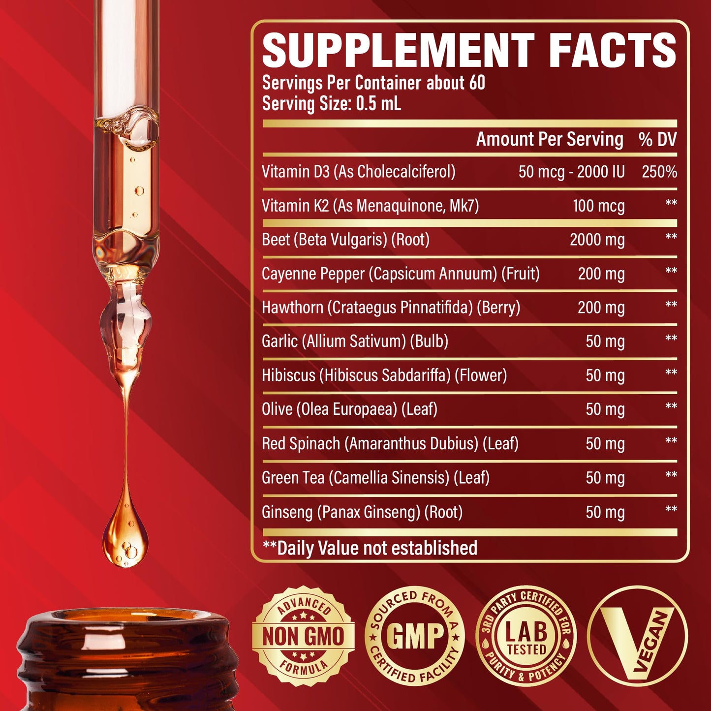 11in1 Beet Root Liquid Drops Supplement with Formula with D3, K2, Hawthorn, Red Spinach, Garlic & Green Tea and More - Supports Immune & Vitality - 1 FL Oz - for 60 Days SatoomiBuy Supplements Australia