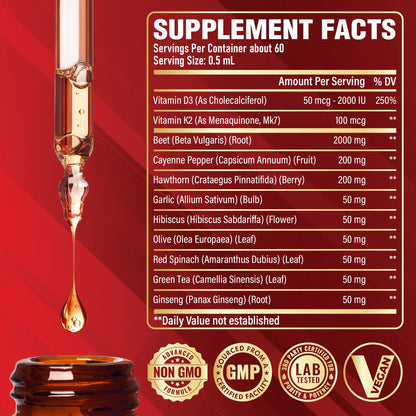 11in1 Beet Root Liquid Drops Supplement with Formula with D3, K2, Hawthorn, Red Spinach, Garlic & Green Tea and More - Supports Immune & Vitality - 1 FL Oz - for 60 Days SatoomiBuy Supplements Australia