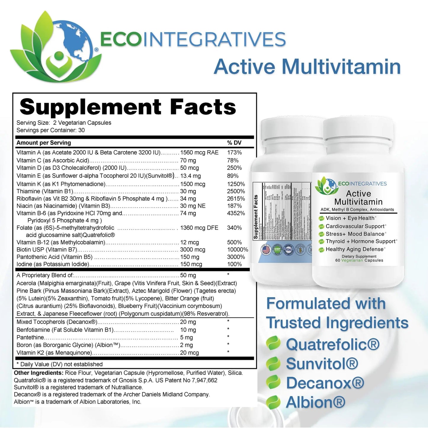EcoIntegratives Active Multivitamin | ADK, Methyl B Complex, Antioxidants | Quatrefolic Folate, Methyl B12, P5P, Vitamin D3, K1/K2 | EcoIntegratives