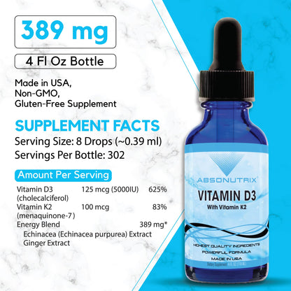 Absonutrix Vitamin D3 K2 Drops, 390mg, 4 Oz Liquid, 302 Servings, Made in USA, Quick Absorption, Quality Potent Ingredients, Non-GMO, GMP Certified, Cruelty-Free Products, Bone Strength Supplements AbsonutrixBuy Supplements Australia
