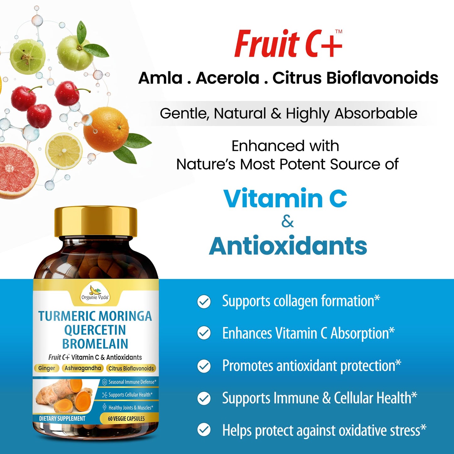 Organic Veda Turmeric Moringa Quercetin with Bromelain Capsules - Fruit C+ Vitamin C Antioxidants Immune System & Respiratory Supplement - Ashwagandha, Ginger, Citrus Bioflavonoids, 60 Vegan Capsule Organic VedaBuy Supplements Australia