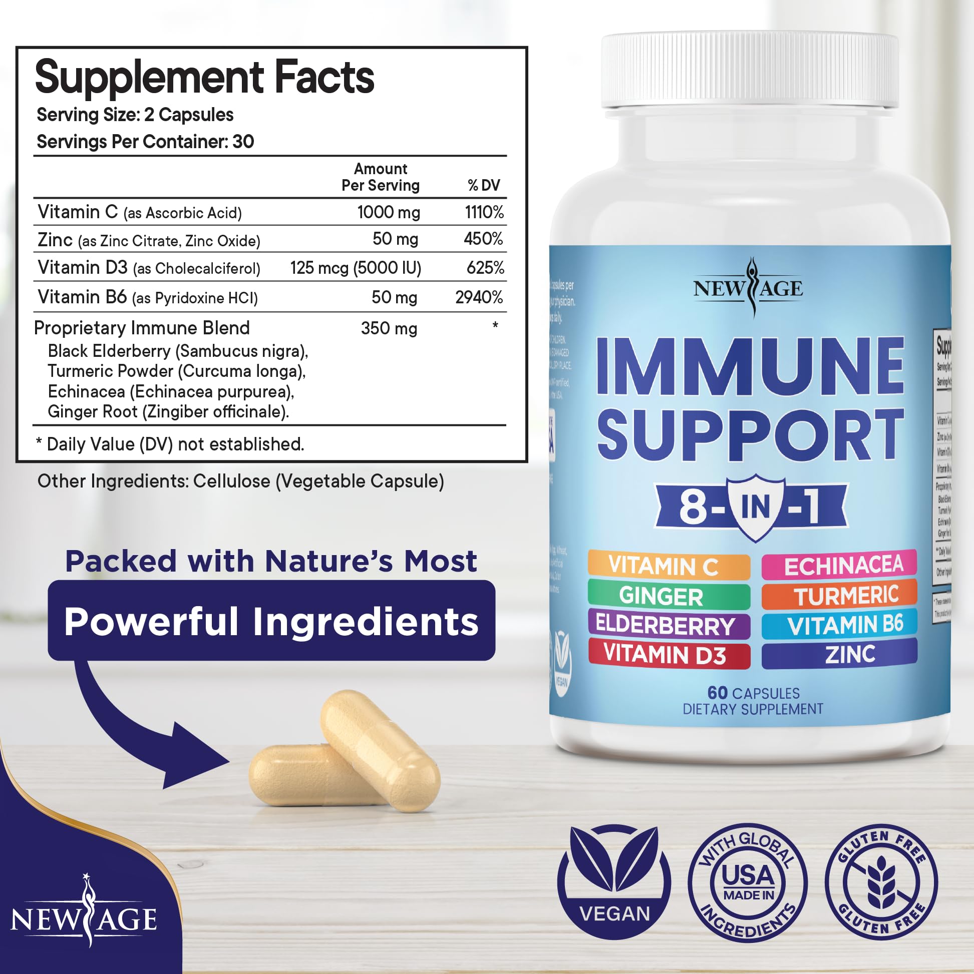 NEW AGE 8 in 1 Immune Support Booster Supplement with Echinacea, Vitamin C NEW AGEBuy Supplements Australia