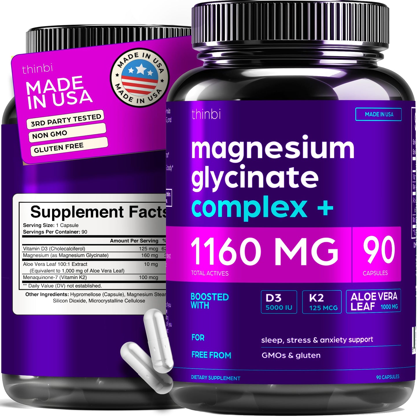 Magnesium Glycinate 1160mg + Aloe Vera, D3 & K2 Complex 90 Capsules - High Absorption, Non-Laxative - Supports