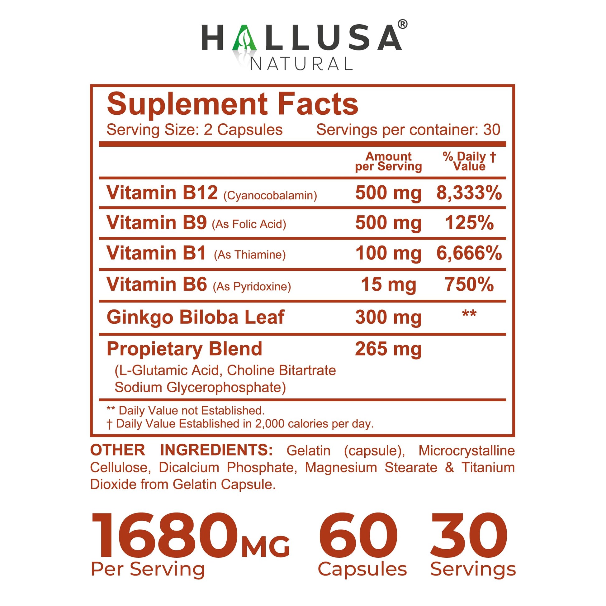 Hallusa Natural Brain Health Supplement Capsules 1680mg, Ginkgo Biloba, B Vitamins & Choline, Memory & Focus Support, Brain Booster for Men & Women, 60 Count Hallusa NaturalBuy Supplements Australia