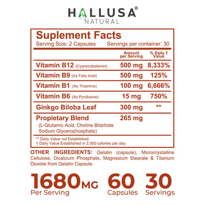 Hallusa Natural Brain Health Supplement Capsules 1680mg, Ginkgo Biloba, B Vitamins & Choline, Memory & Focus Support, Brain Booster for Men & Women, 60 Count Hallusa NaturalBuy Supplements Australia