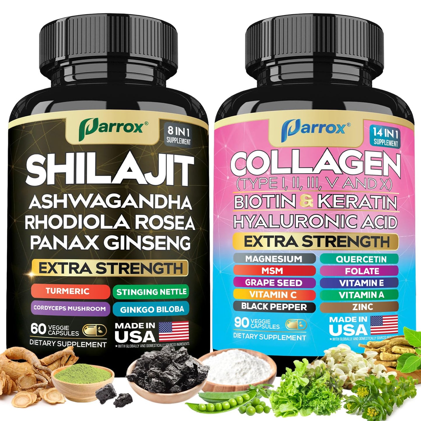 Parrox Adaptogen & Beauty Bundle – Rhodiola, Panax Ginseng, Ashwagandha, Cordyceps, Turmeric, Collagen, Biotin, Keratin, MSM, Hyaluronic Acid, Zinc, Quercetin, Vitamin C, A & E, Folate, Magnesium ParroxBuy Supplements Australia