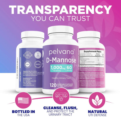 Pelvana D-Mannose UTI Kit for Women – UTI Test Strips & D-Mannose Supplement, At-Home Testing, Maintains Healthy Urinary Tract Balance, Flushes Impurities – 3 Bottles (120 Capsules) + 50 Test Strips PelvanaBuy Supplements Australia