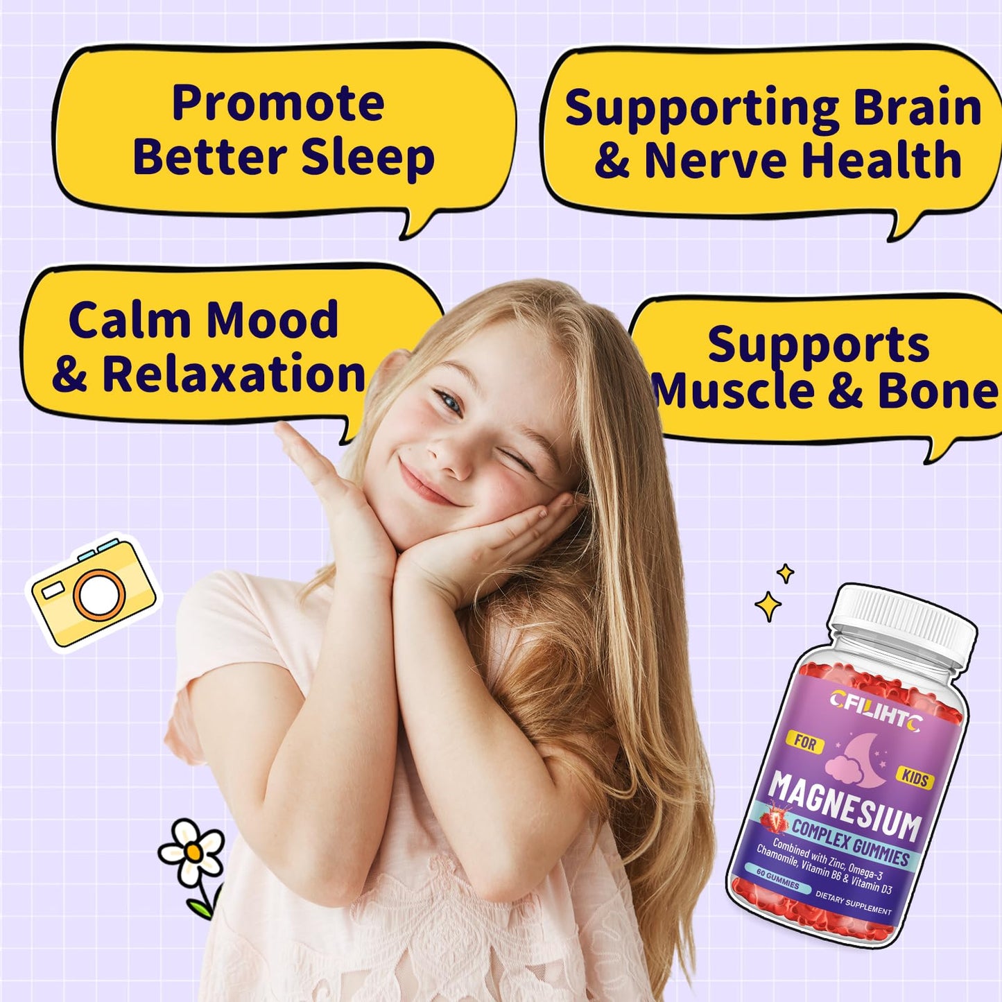 Kids Magnesium Gummies-Magnesium Glycinate Gummies for Kids Supplement-w/Zinc, Chamomile, Omega-3, Vitamin B6, D3 - for Sleep, Relaxation, Brain, Bones, Children's Calm, Sugar Free Strawberry 60ct CFILIHTCBuy Supplements Australia