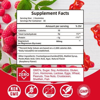 Magnesium Glycinate Gummies 500mg | Relaxation Calm Magnesium Gummies | Sugar-Free | Non-GMO | Gluten-Free