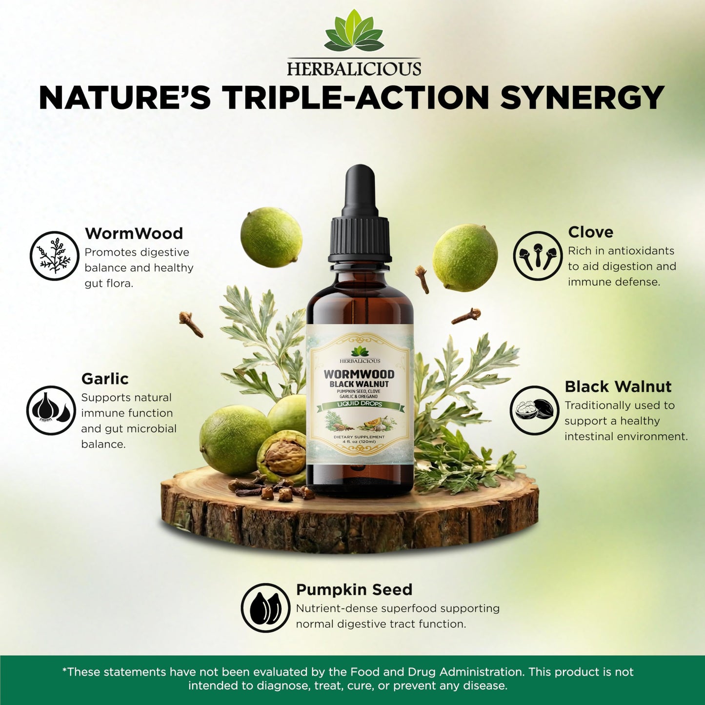 HEBRALICIOUS Wormwood Black Walnut Liquid Drops – Herbal Blend with Pumpkin Seed, Clove, Garlic & Oregano Oil – Alcohol Free Herbal Tincture – Liquid Dietary Supplement, 4 fl oz (120ml) HERBALICIOUSBuy Supplements Australia