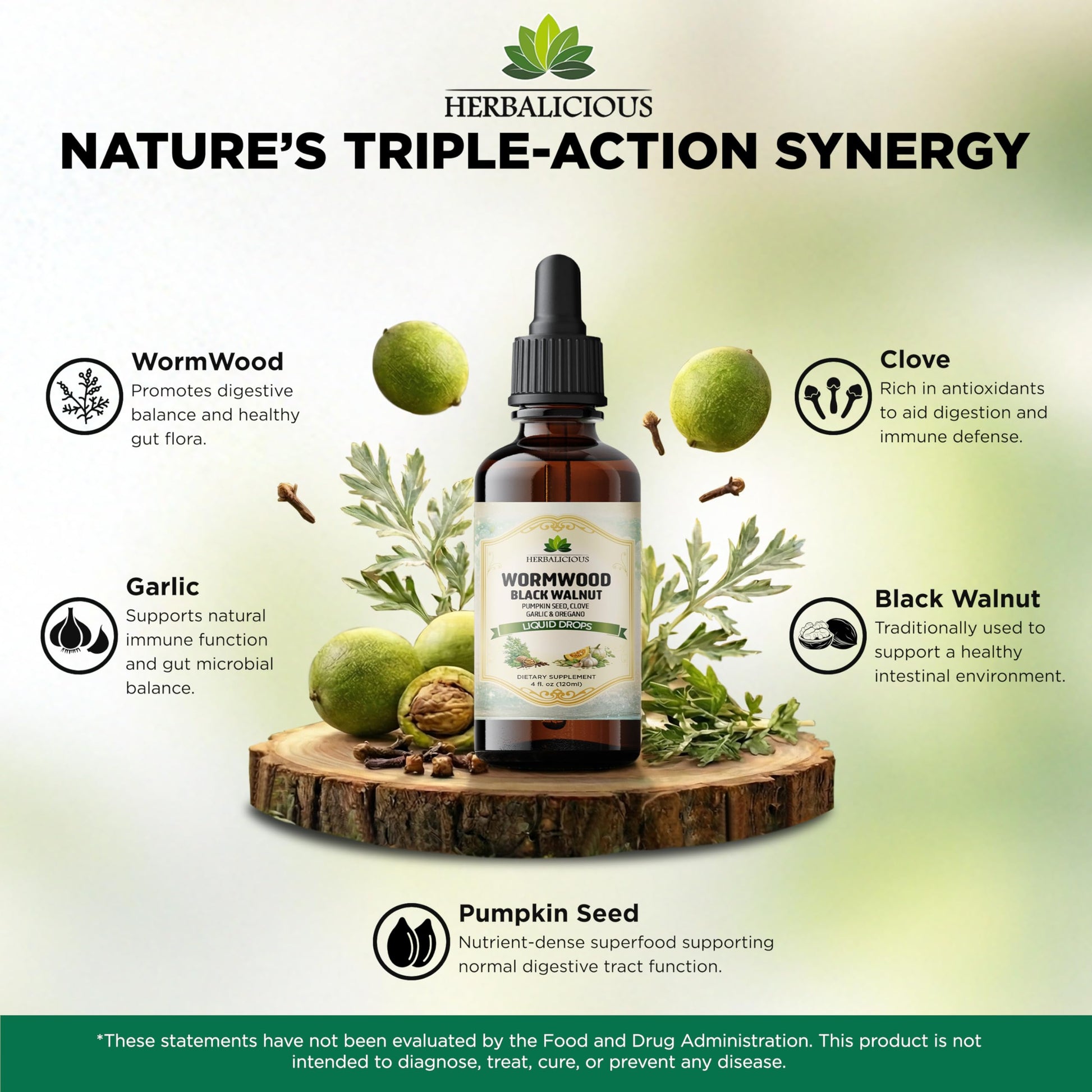 HEBRALICIOUS Wormwood Black Walnut Liquid Drops – Herbal Blend with Pumpkin Seed, Clove, Garlic & Oregano Oil – Alcohol Free Herbal Tincture – Liquid Dietary Supplement, 4 fl oz (120ml) HERBALICIOUSBuy Supplements Australia