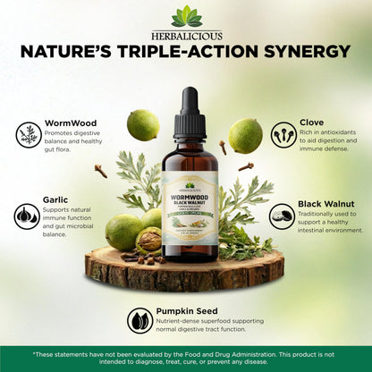 HEBRALICIOUS Wormwood Black Walnut Liquid Drops – Herbal Blend with Pumpkin Seed, Clove, Garlic & Oregano Oil – Alcohol Free Herbal Tincture – Liquid Dietary Supplement, 4 fl oz (120ml) HERBALICIOUSBuy Supplements Australia