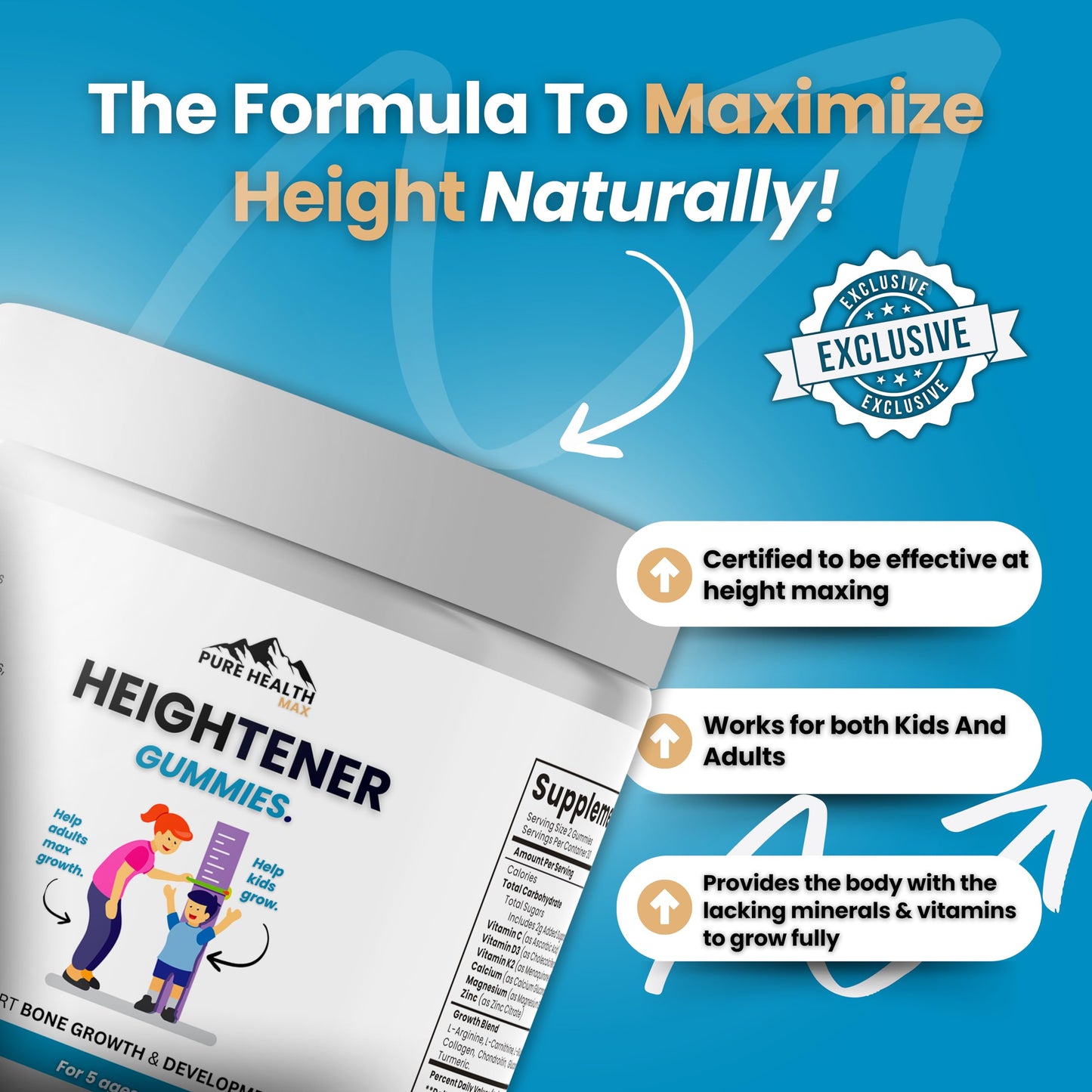 Heightener Gummies - Natural Height Growth Supplement for Kids, Teens and Adults to Increase Bone Strength and Grow Tall | Height Maximizer Pills with L-Arginine, Calcium & Zinc | 60 Gummy PURE HEALTH MAXBuy Supplements Australia