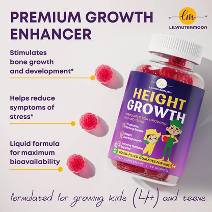 Height Growth Gummies for Kids & Teens - Calcium, Vitamin D3 + K2, Zinc, Magnesium, L-Arginine, Vitamin C - Multivitamin for Teen Boys & Girls - Grow Taller Supplement for Kids Height - 60 Gummies
