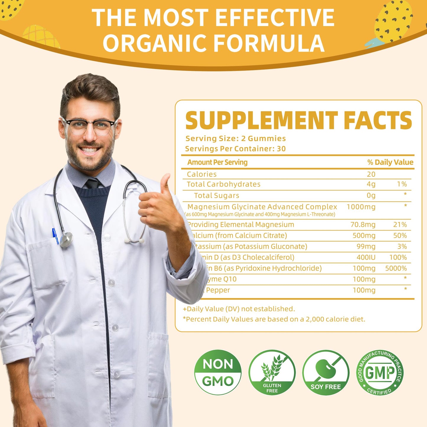 Magnesium Glycinate Gummies 1000mg - Sugar Free Magnesium Potassium Supplement with Vitamin D, B6, CoQ10 for Calm Mood & Sleep Support - 60 Pineapple Gummies -1 Pack Natures AidBuy Supplements Australia