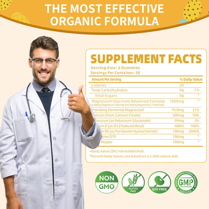 Magnesium Glycinate Gummies 1000mg - Sugar Free Magnesium Potassium Supplement with Vitamin D, B6, CoQ10 for Calm Mood & Sleep Support - 60 Pineapple Gummies -1 Pack Natures AidBuy Supplements Australia