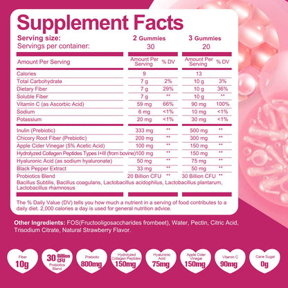 Migcopat 10G Fiber Gummies with Collagen Peptides, Hyaluronic Acid, Vitamin C, ACV, 30 Billion CFU Probiotics – Sugar Free Collagen Gummy for Skin, Hair & Nails